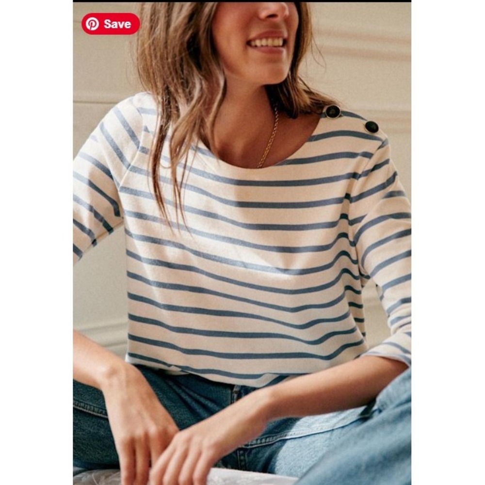 Sezane Colette Mariniere Striped Button Shoulder Top Cream Blue Size L